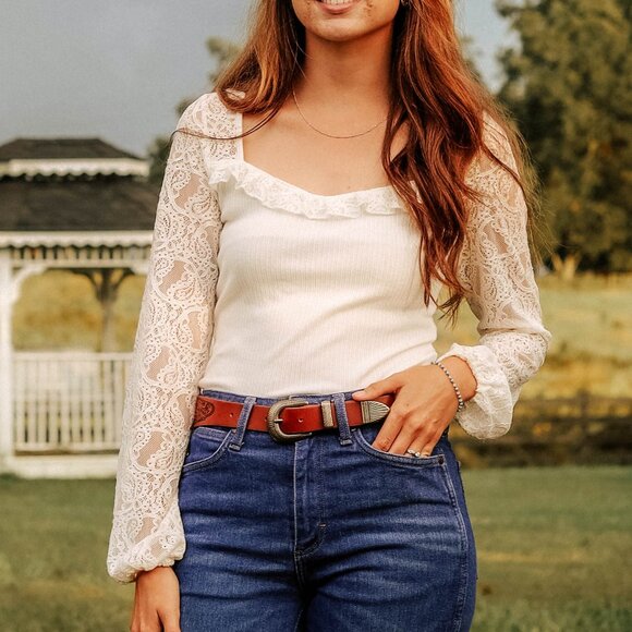 Shyanne Women's Lace Sleeve Rib Long Sleeve Top - Picture 2 of 6